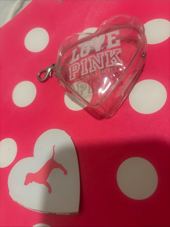 PINK Victoria's Secret Handbags - PINK Victoria's Secret Clear Heart Pouch with Pink Trim + Polka Dot Gift Bag